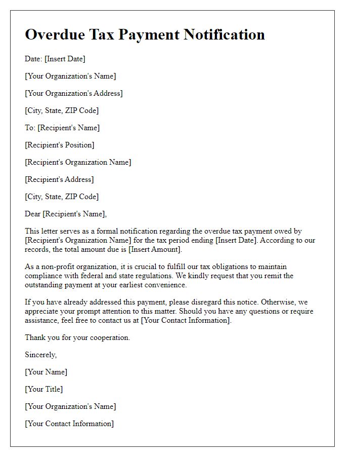 Letter template of overdue tax payment communication for non-profit organizations.