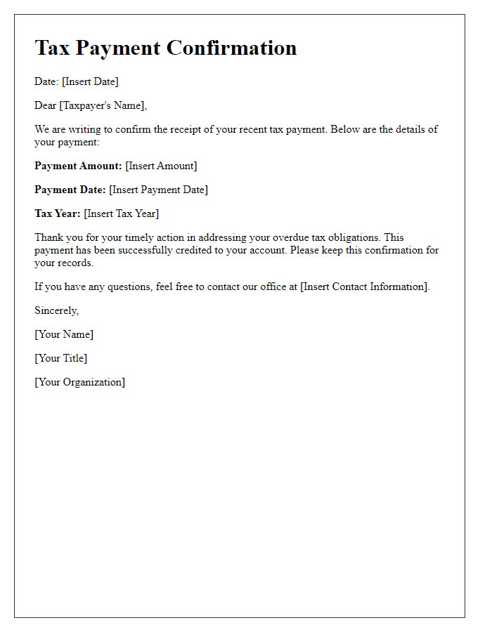 Letter template of overdue tax payment confirmation for recent payments received.