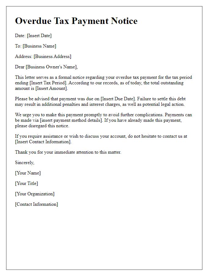 Letter template of overdue tax payment notice for businesses.