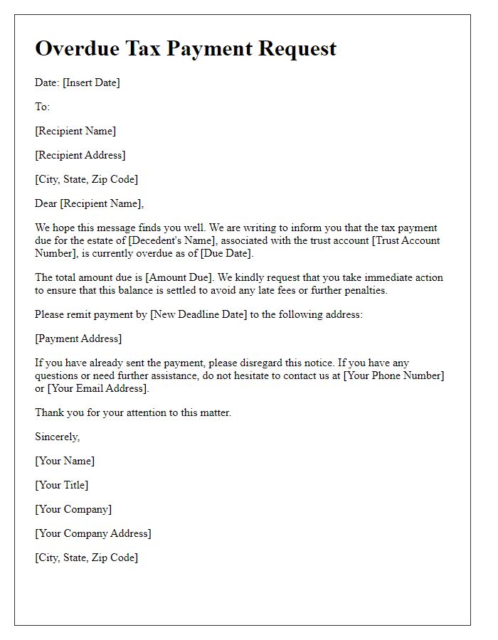 Letter template of overdue tax payment request for estates and trusts.