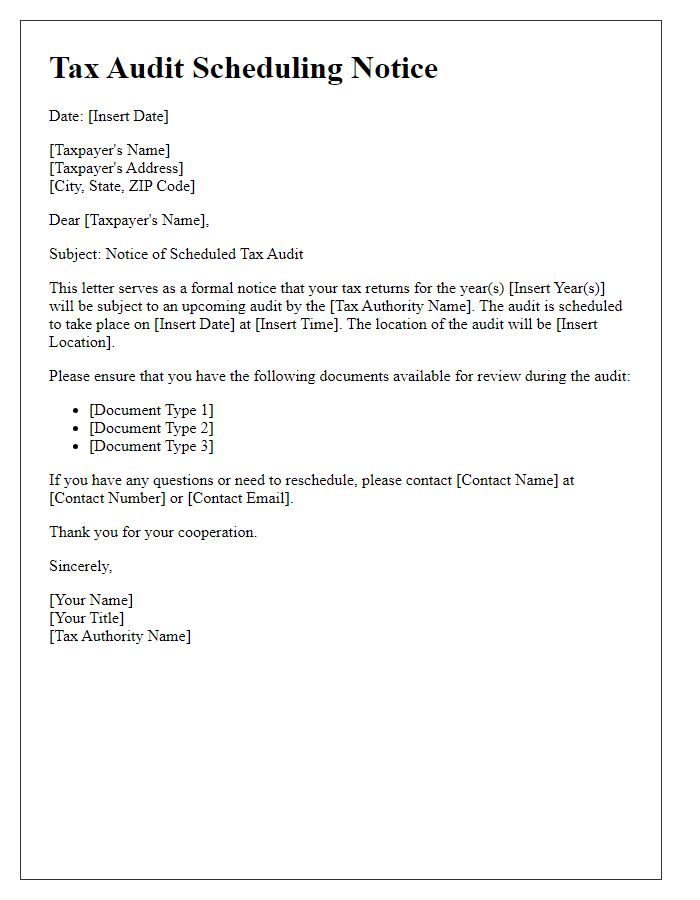 Letter template of Tax Audit Scheduling Notice