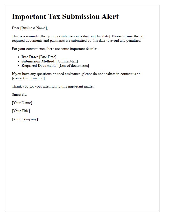 Letter template of tax submission alert for businesses