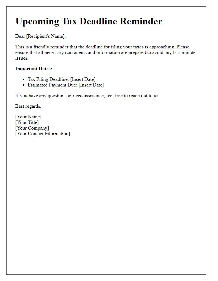 Letter template of upcoming tax deadline reminder