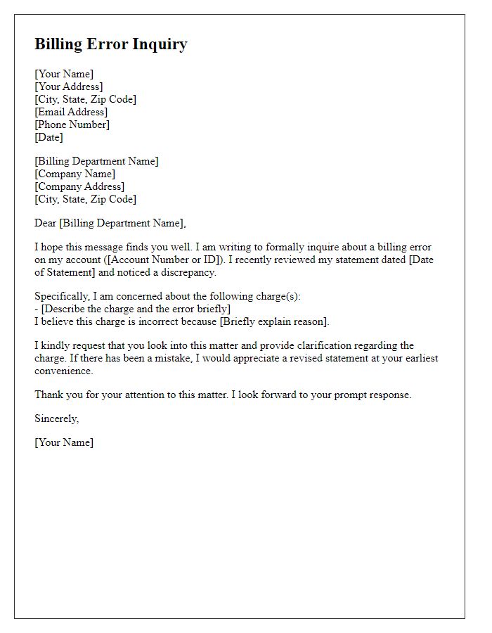 Letter template of billing error inquiry
