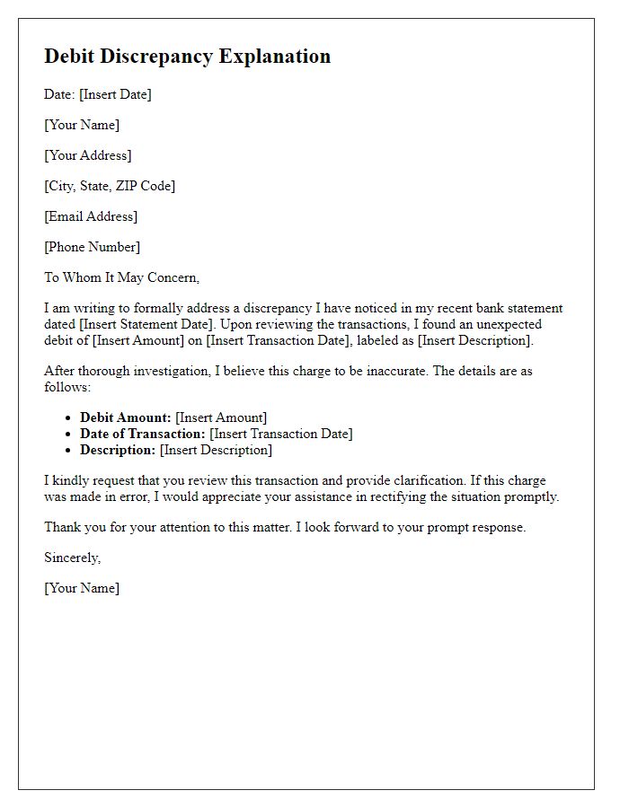 Letter template of debit discrepancy explanation