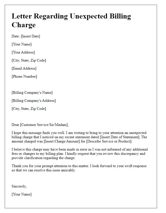 Letter template of unexpected billing charge