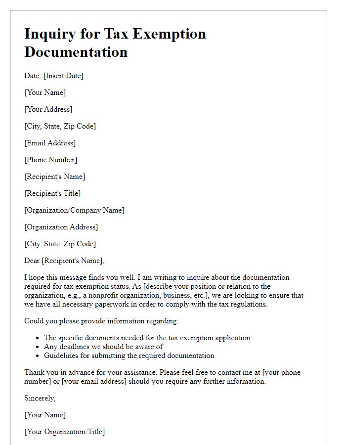 Letter template of inquiry for tax exemption documentation