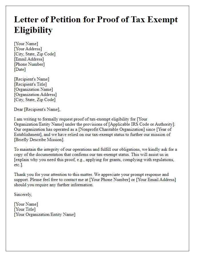 Letter template of petition for proof of tax exempt eligibility