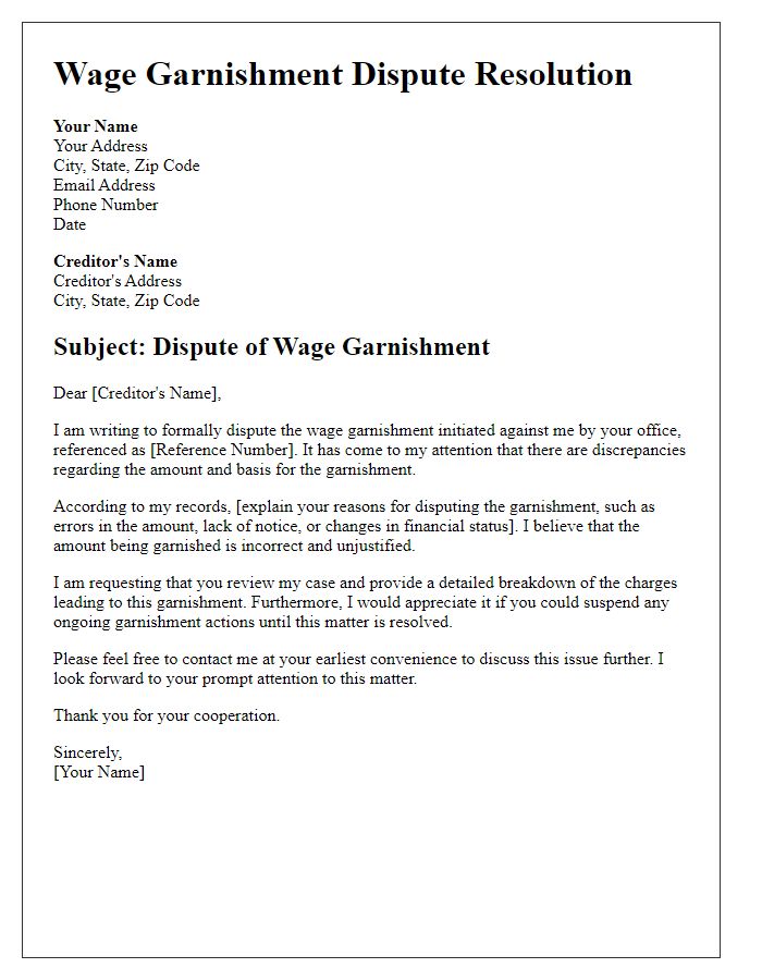 Letter template of wage garnishment dispute resolution