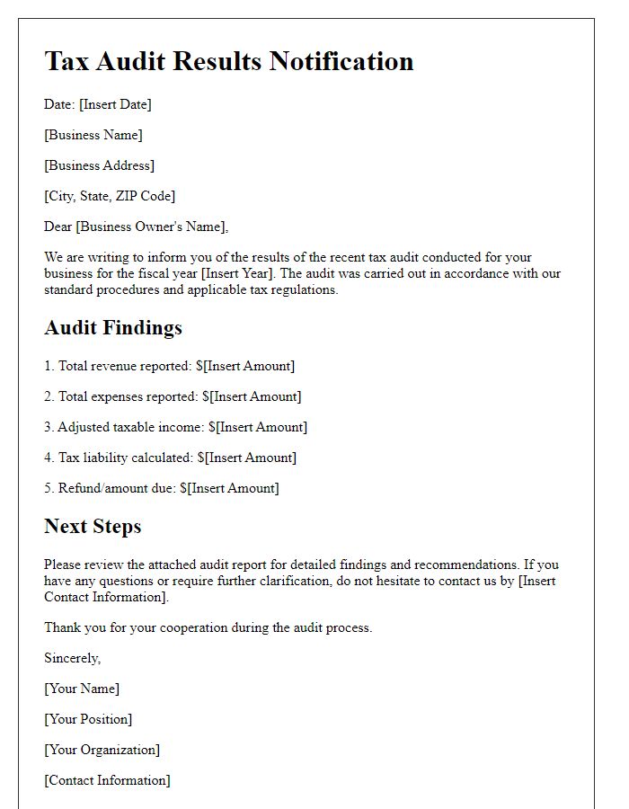 Letter template of tax audit results notification for businesses.