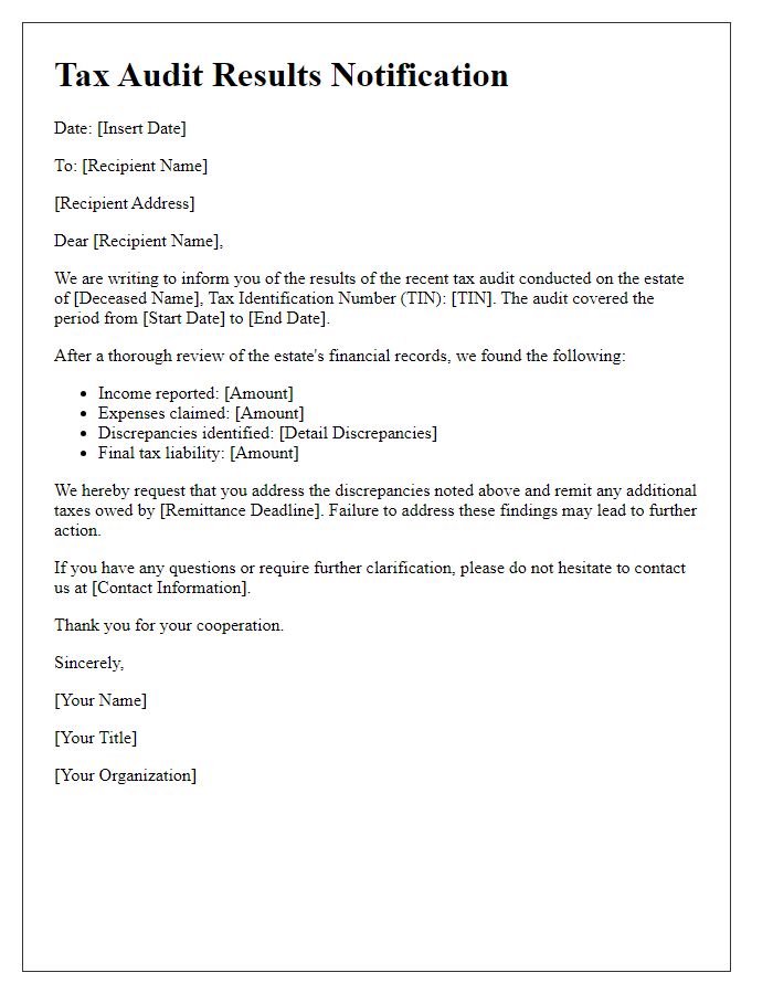 Letter template of tax audit results notification for estates.