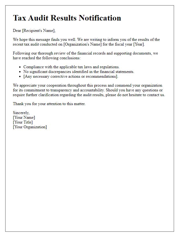 Letter template of tax audit results notification for non-profit organizations.