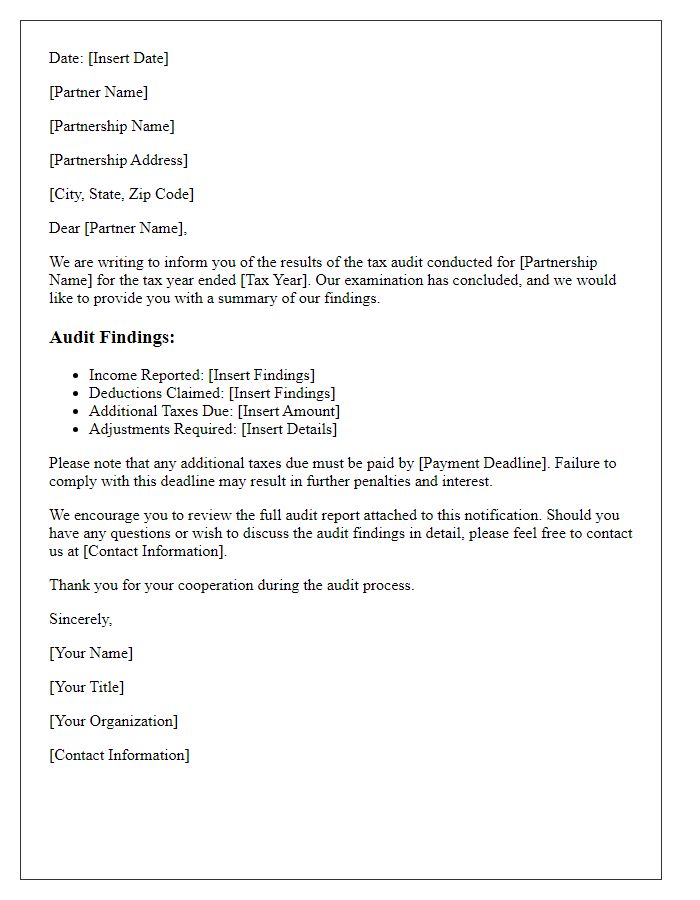 Letter template of tax audit results notification for partnerships.