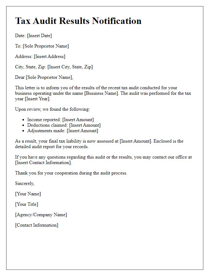 Letter template of tax audit results notification for sole proprietors.