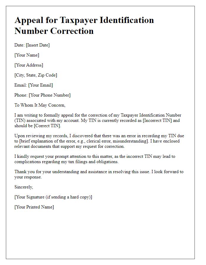 Letter template of appeal for taxpayer identification number correction