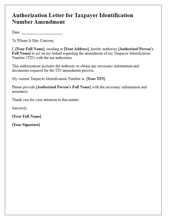 Letter template of authorization for taxpayer identification number amendment