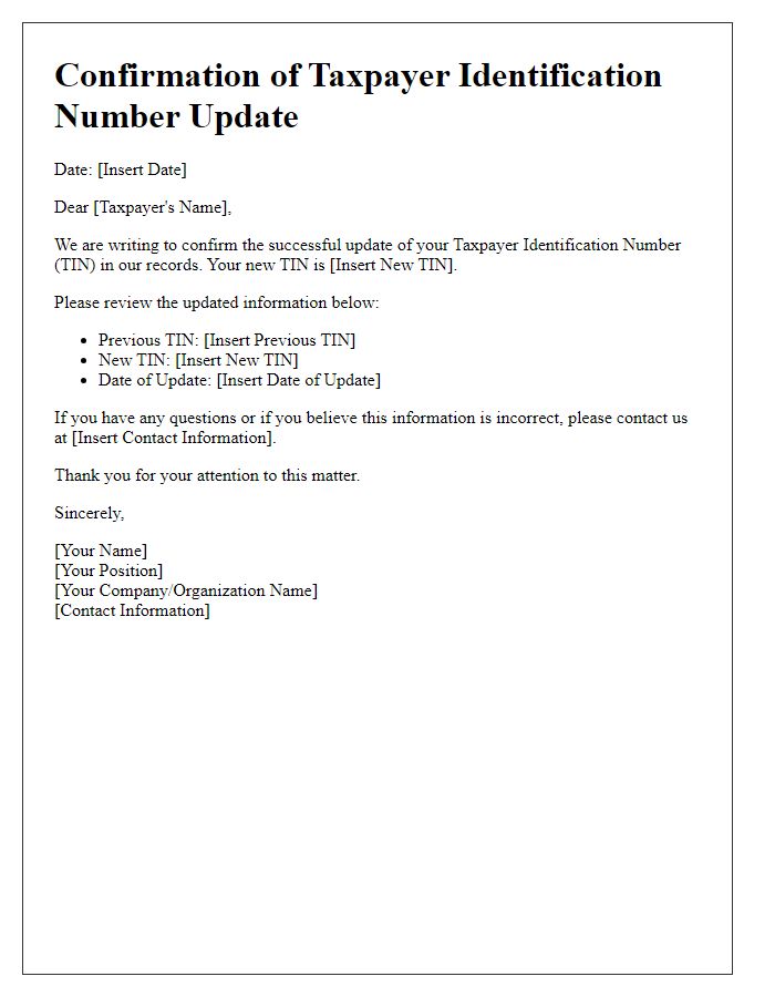 Letter template of confirmation for taxpayer identification number update