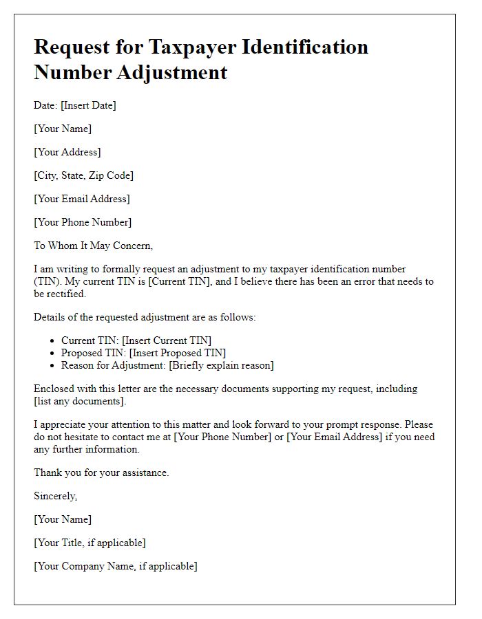 Letter template of request for taxpayer identification number adjustment