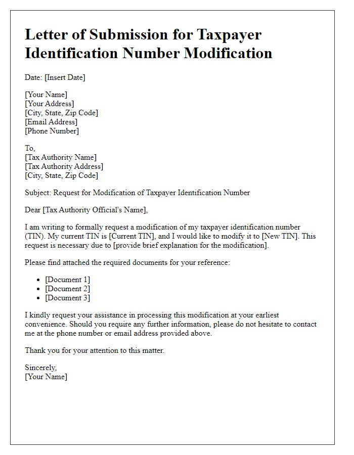 Letter template of submission for taxpayer identification number modification