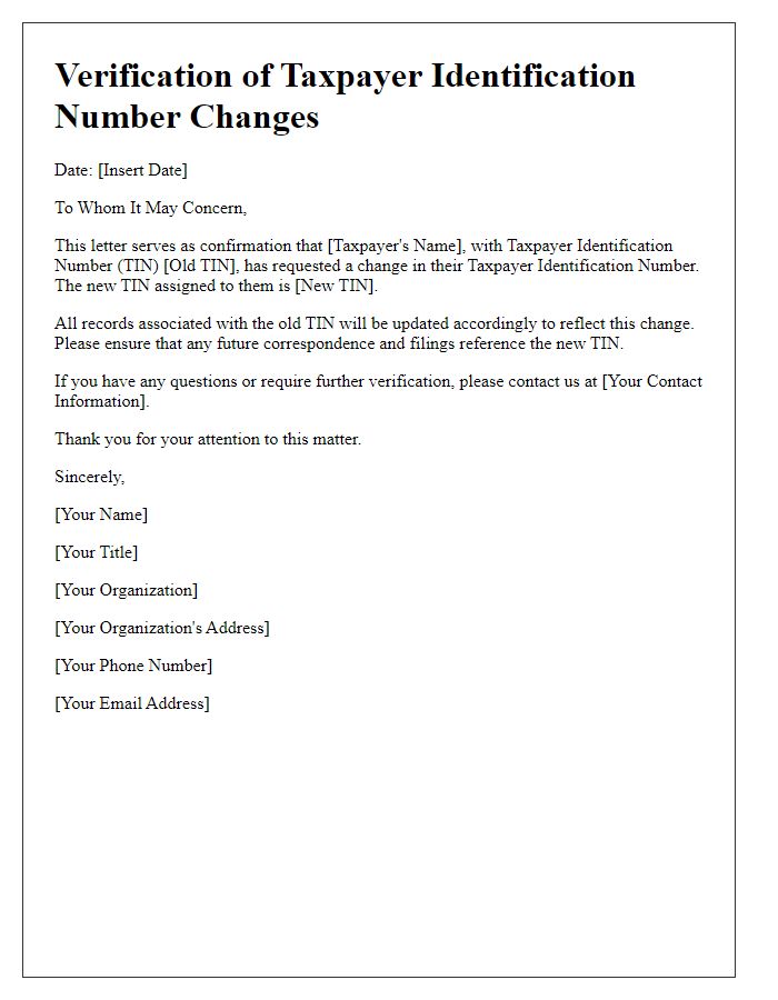 Letter template of verification for taxpayer identification number changes