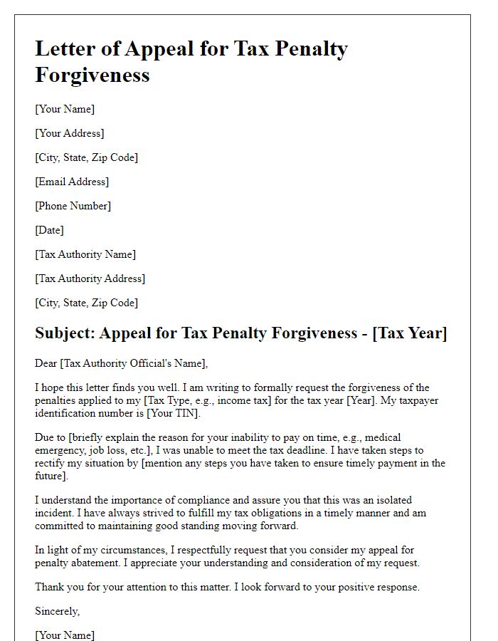 Letter template of appeal for tax penalty forgiveness