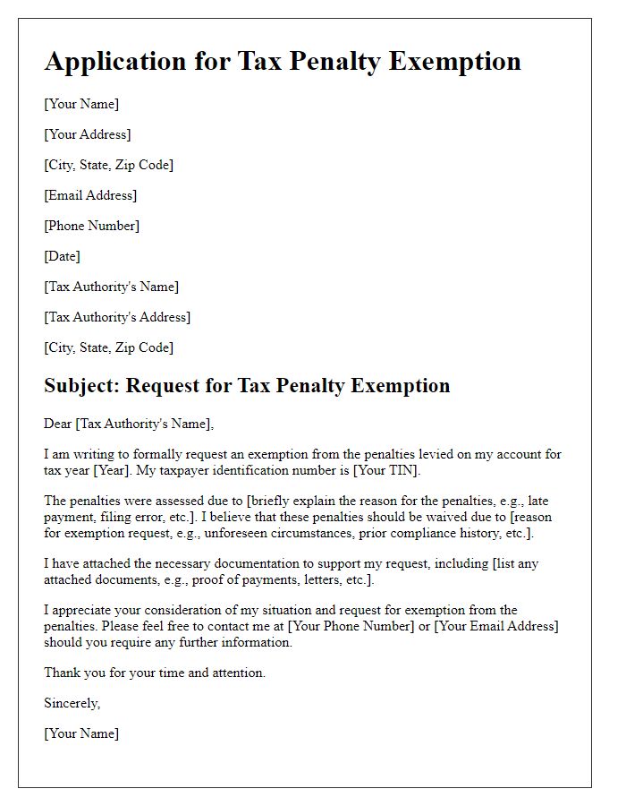 Letter template of application for tax penalty exemption