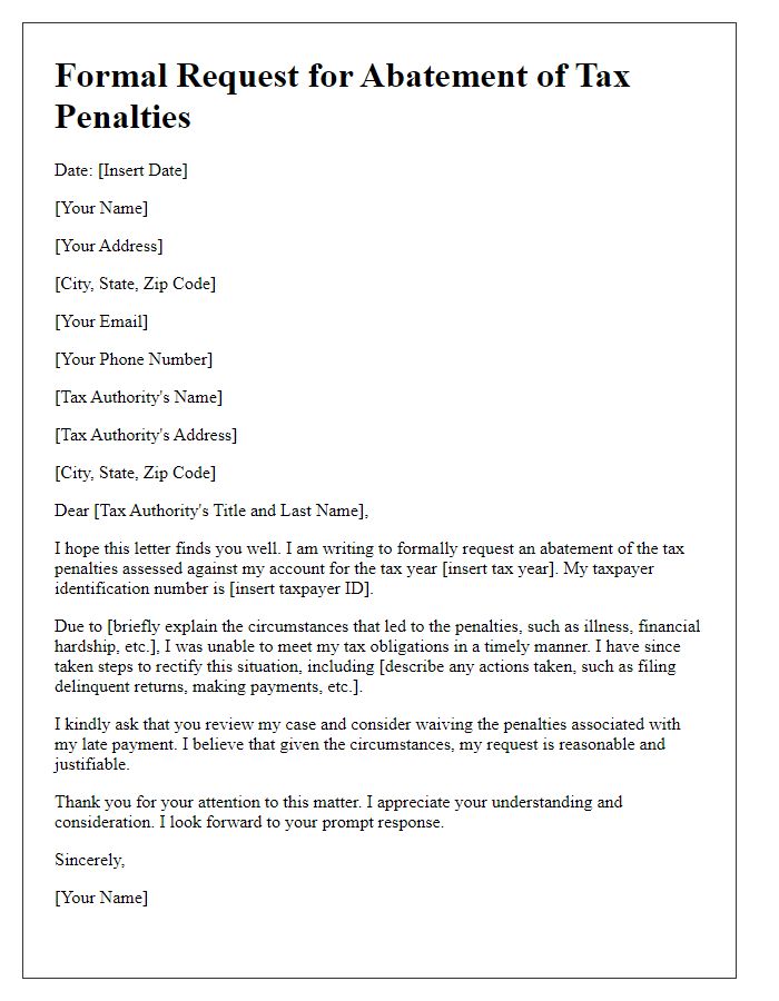 Letter template of formal request for abatement of tax penalties