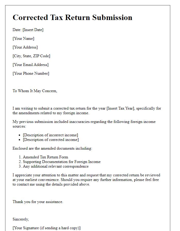 Letter template of corrected tax return submission for amended foreign income.