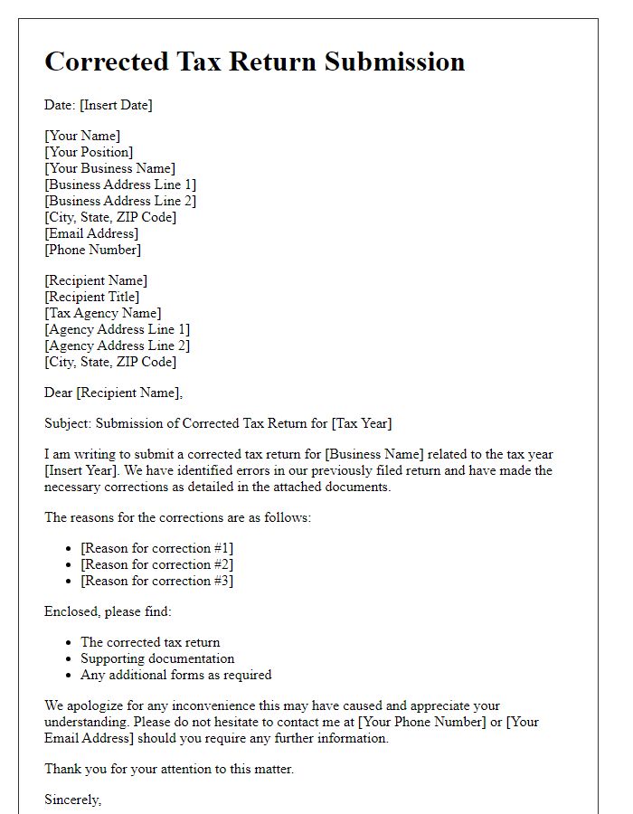 Letter template of corrected tax return submission for businesses.