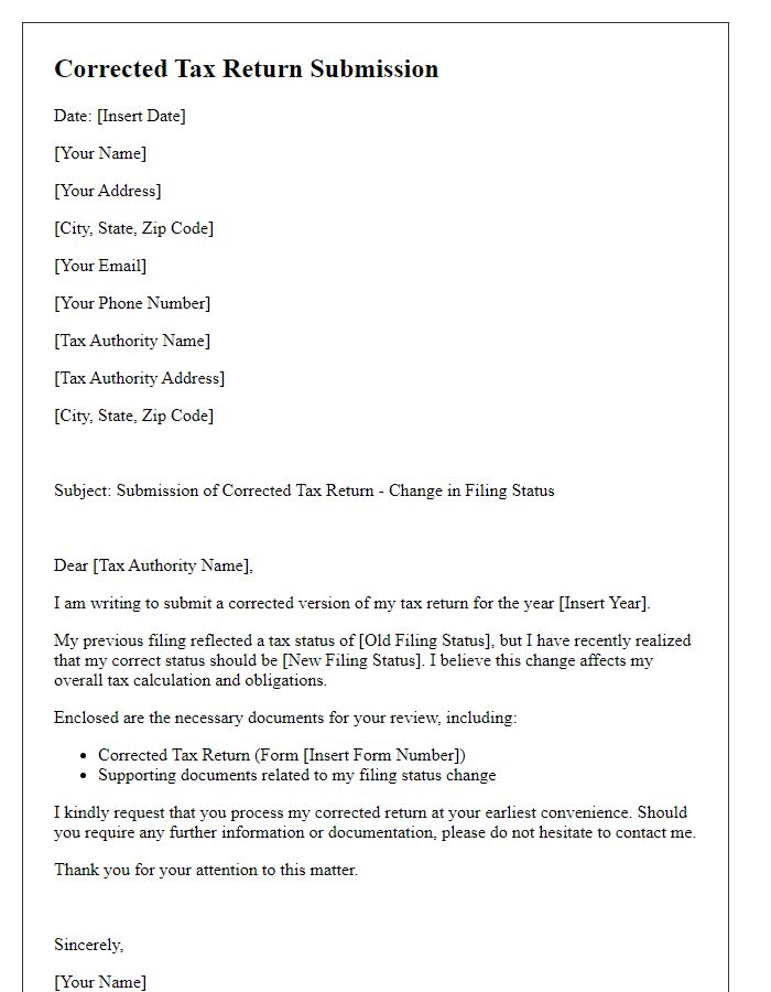 Letter template of corrected tax return submission for changes in filing status.