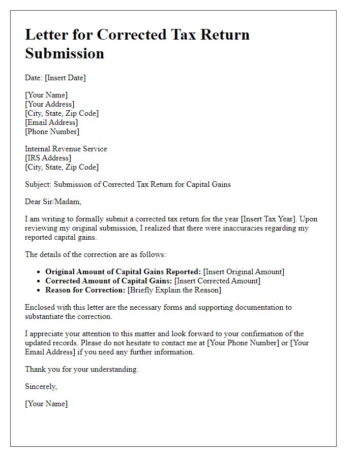 Letter template of corrected tax return submission for corrected capital gains.