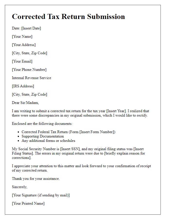 Letter template of corrected tax return submission for individuals.