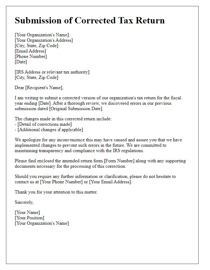 Letter template of corrected tax return submission for non-profit organizations.