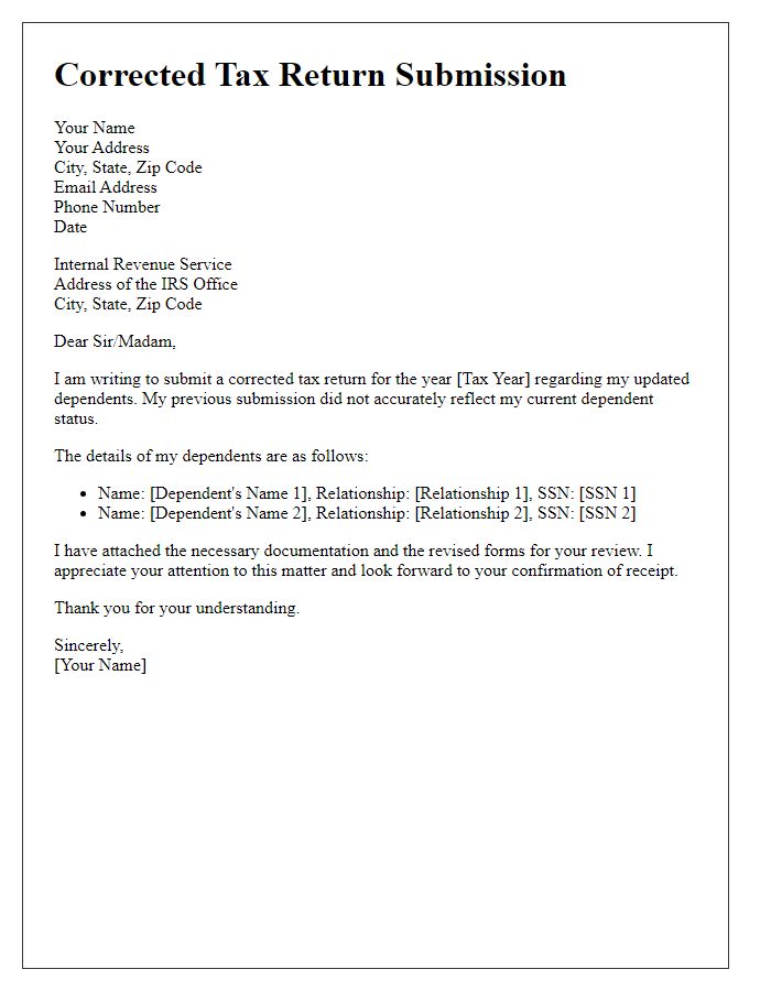 Letter template of corrected tax return submission for updated dependents.