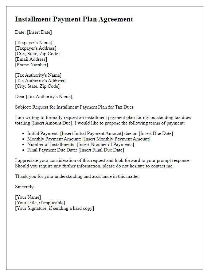 Letter template of installment payment plan for tax dues