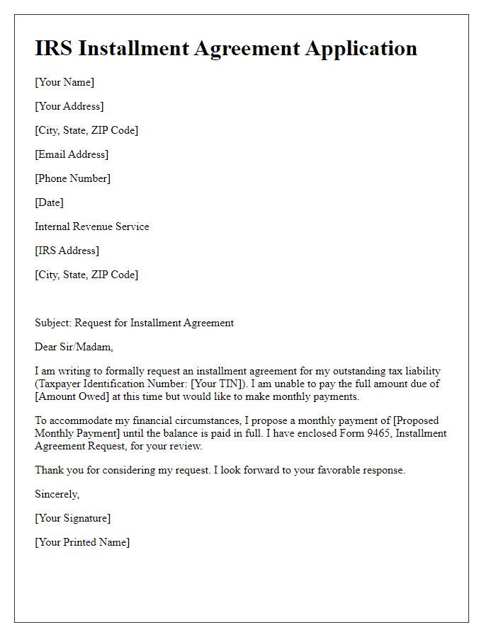 Letter template of IRS installment agreement application