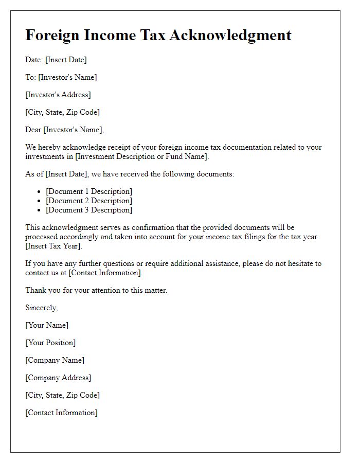 Letter template of foreign income tax acknowledgment for investors.