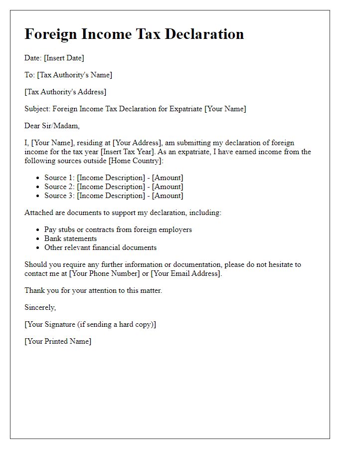 Letter template of foreign income tax declaration for expats.