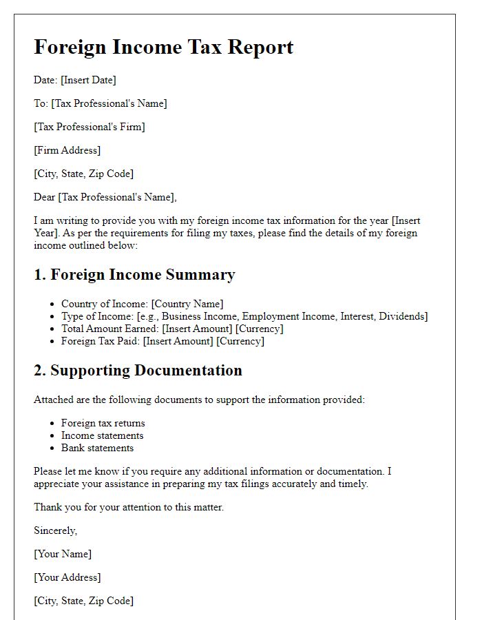 Letter template of foreign income tax report for tax professionals.