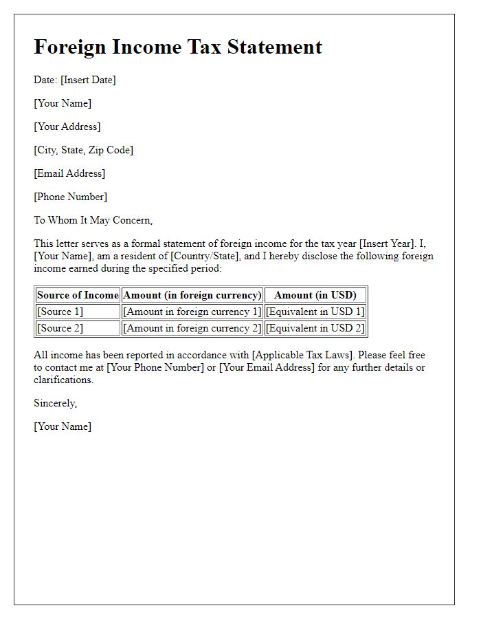 Letter template of foreign income tax statement for residents.