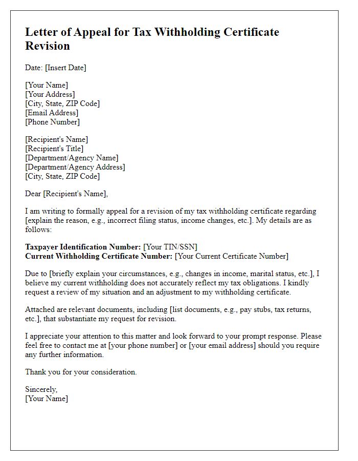 Letter template of appeal for tax withholding certificate revision