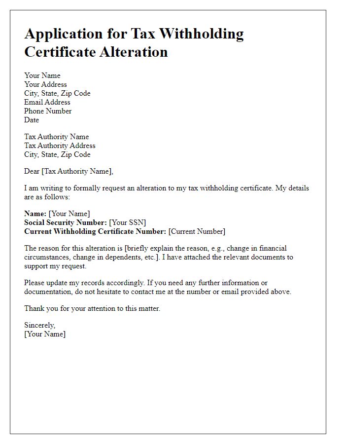 Letter template of application for tax withholding certificate alteration