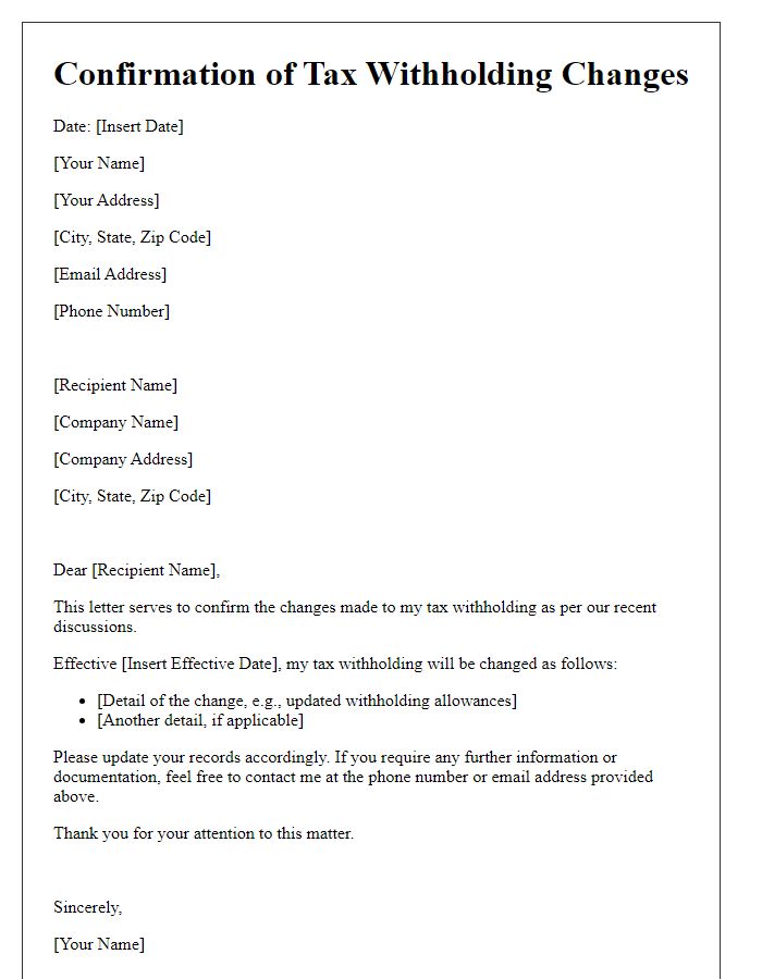 Letter template of confirmation for tax withholding changes