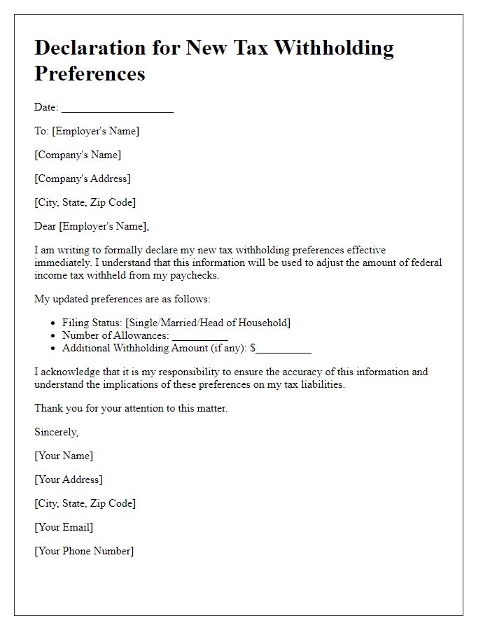 Letter template of declaration for new tax withholding preferences