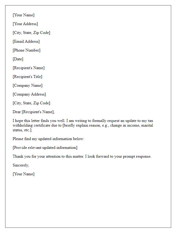 Letter template of request for tax withholding certificate update