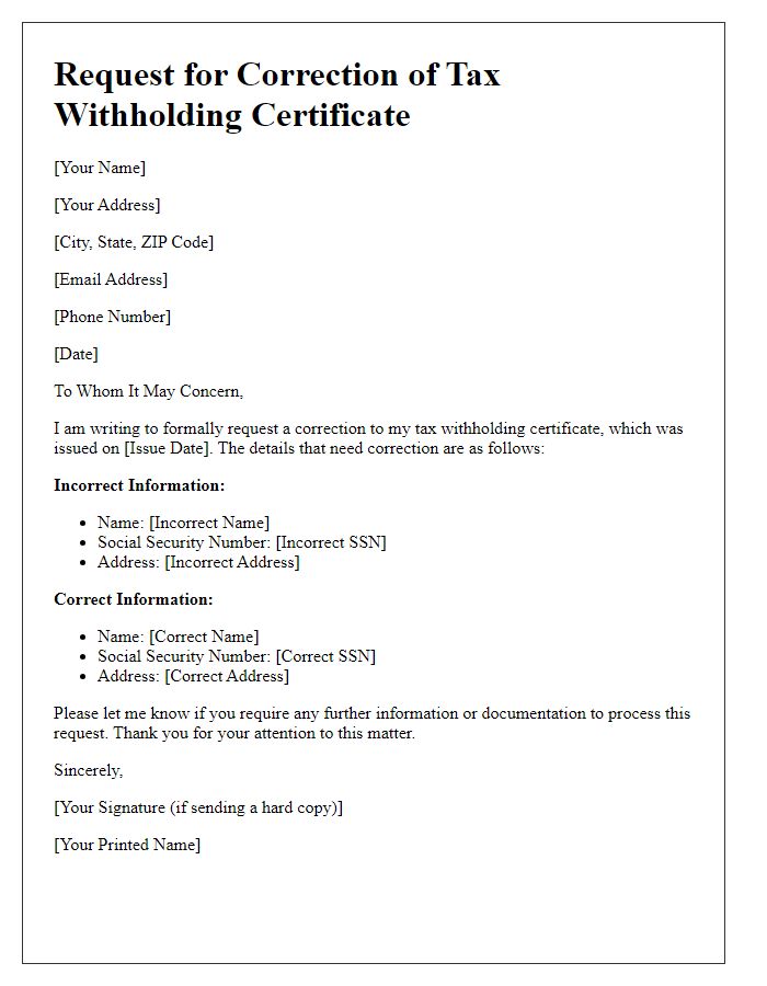 Letter template of tax withholding certificate correction request