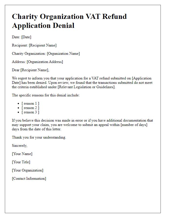 Letter template of VAT refund application denial for charity organizations.