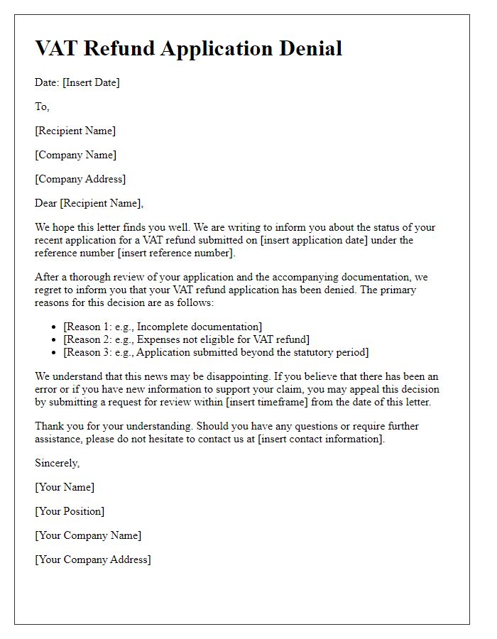 Letter template of VAT refund application denial for construction firms.