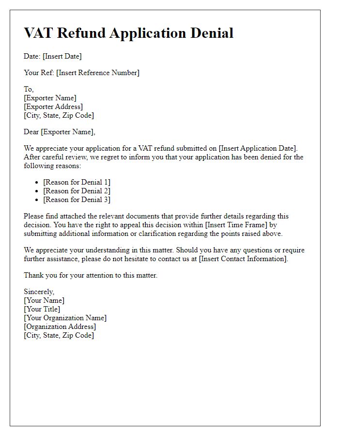 Letter template of VAT refund application denial for exporters.