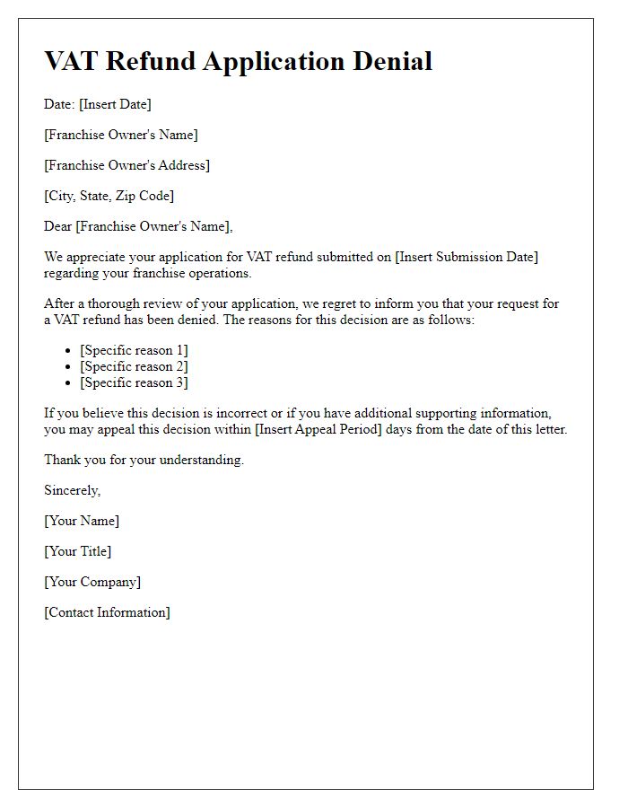 Letter template of VAT refund application denial for franchise owners.